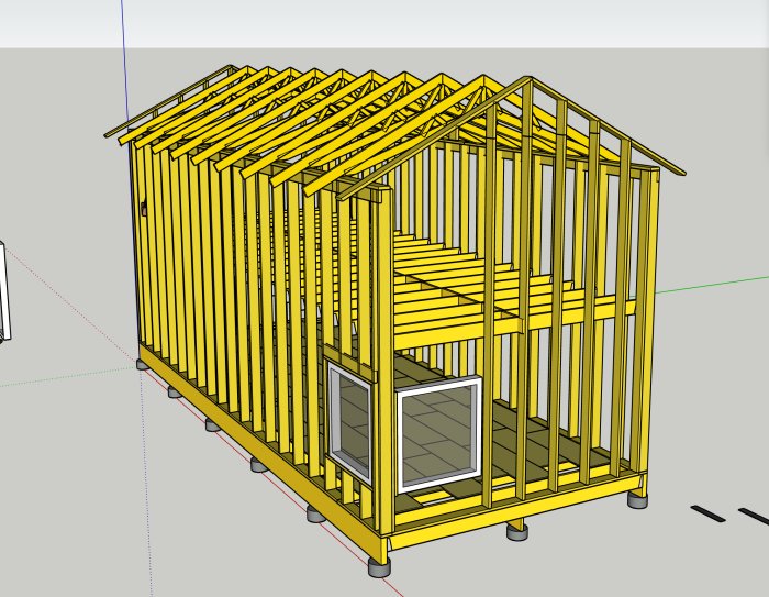 3D-konstruktionsskiss av en stomme till ett hus med öppen ovanvåning och synliga reglar.