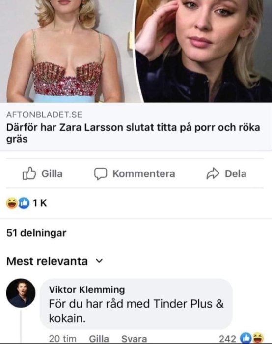 Skärmklipp av en sociala medier inlägg med artikelrubrik och kommentarer.