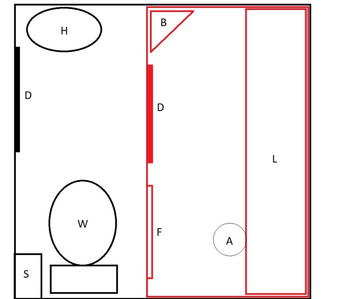 Skiss av planlösning med bastu, handfat, WC och ventilation markerade för badrumsrenovering.