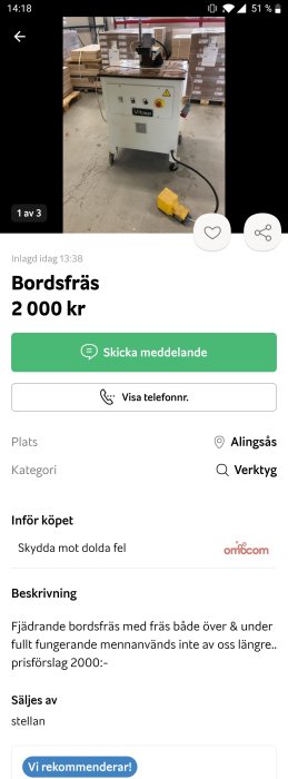 Vit bordsfräs från Vitap i ett lagerlokalsliknande utrymme, till salu för 2000 kr.