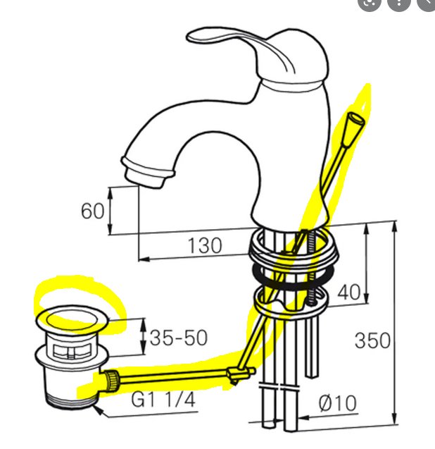 Schematisk illustration av en tvättställsblandare med lyftstång och vattenlås, inklusive måttangivelser.