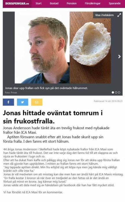 Man som ser besviken ut bredvid bild på en fralla med stort hålrum inuti.