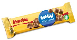 Förpackning av Marabou Bubbly mjölkchoklad med synliga chokladbitar.