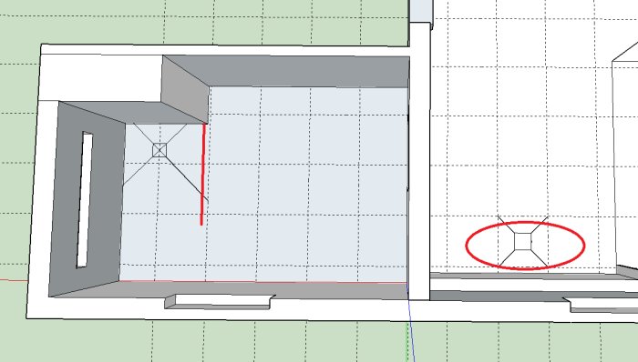 Ritning av två sammankopplade badrumsplaner med klinkers och positioner för dusch och golvbrunn markerade.