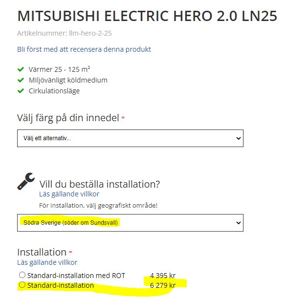 Webbsidans produktinformation om Mitsubishi Electric Hero luftvärmepump med installationspriser markerade.