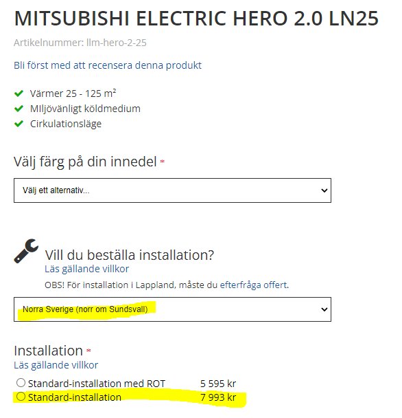 Skärmdump av produktsida för Mitsubishi Electric HERO 2.0 LN25 värmepump med priser för installation.