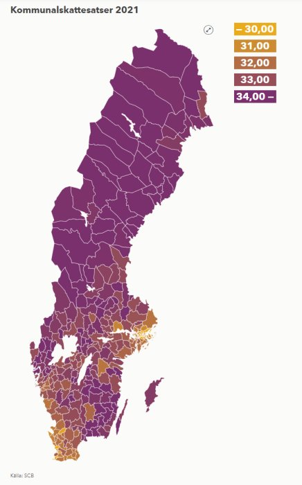 Karta över Sverige som visar kommunalskattesatser 2021 med olika färger för varje skattenivå.