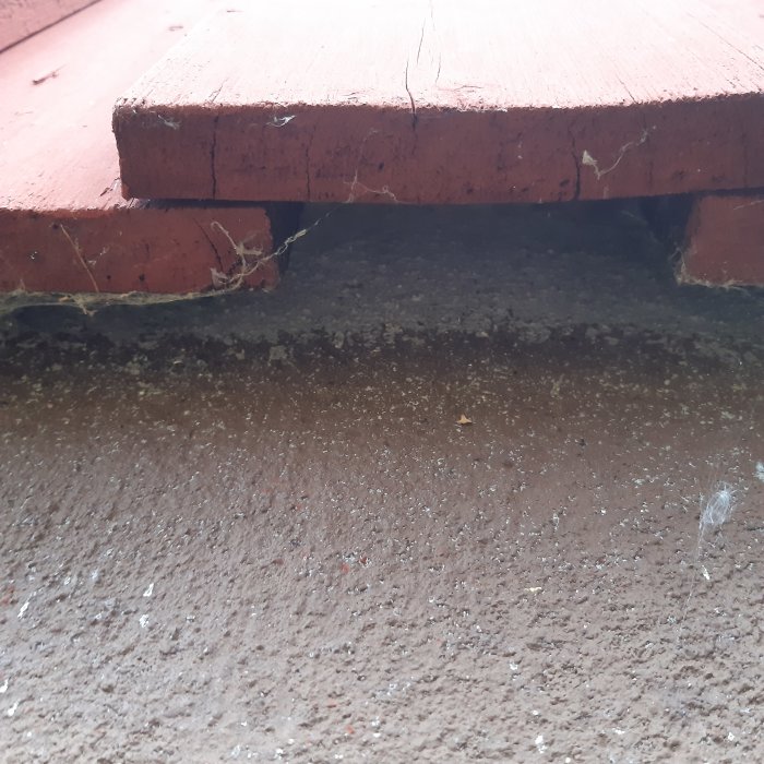 Öppning där isolering dragits ut mellan en husfasads täckbräda och en källarvägg.