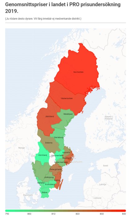 Karta över Sverige som visar genomsnittspriser per distrikt, färgkodade från grönt (billigare) till rött (dyrare).