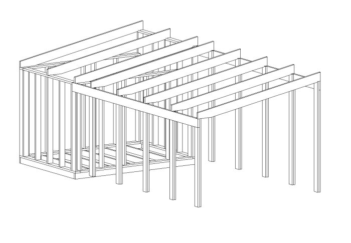 CAD-ritning av stommen för en carport med anslutande förråd, utan takbeklädnad.