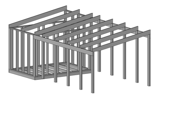 3D-ritning av en obehandlad trästomme för carport med förråd och takstolar.