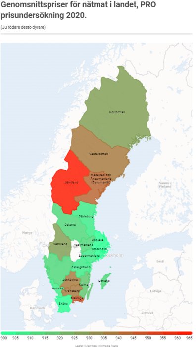 Sverigekarta med olika färger som visar genomsnittspriser för nätmat i olika län, mörkare färg innebär högre pris.