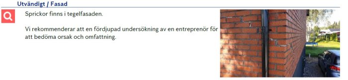 Sprickor i tegelfasaden på ett hus framhävda i rapport, rekommenderad granskning av entreprenör.