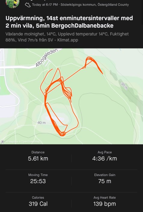 Skärmbild av en körsträcka med statistik och vägkarta från en löparapp.