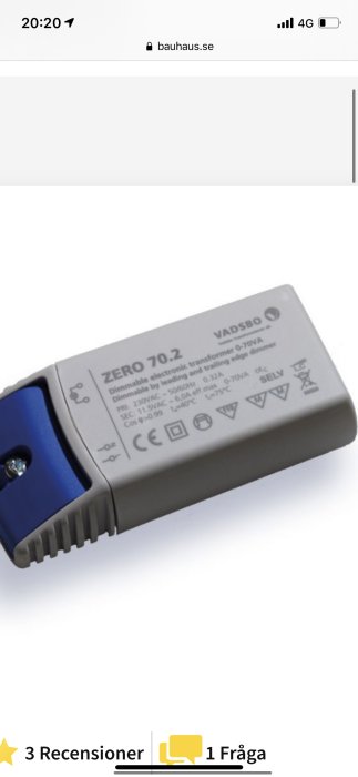 Elektronisk transformator för LED, märkt "ZERO 70.2 VADSBØ", med teknisk specifikation.
