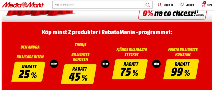 Rabattkampanj på MediaMarkt med erbjudanden, röd bakgrund och gula prislappar som visar stegrande rabatter från 25% till 99%.