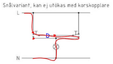 Elektriskt kopplingsschema visar en snålväg för strömfördelning till en lampa med en dimmer.