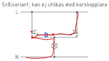 Elektrisk kopplingsschema som visar en snålväg för ström till lampan och placering av dimmer "D".