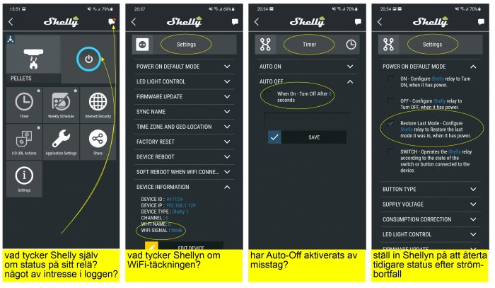 Skärmdumpar av Shelly-app med inställningar för relästatus, WiFi-signal, autoavstängning och återställning vid strömavbrott.