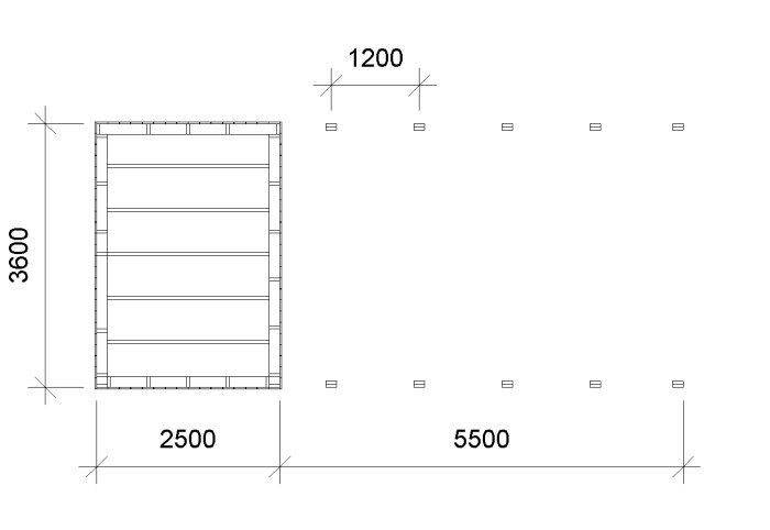 Ritning av en struktur med angivna dimensioner 2500x5500x3600 mm och sektion för snözon 3.5.