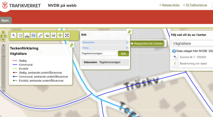 Skärmdump av Nationella vägdatabasens webbgränssnitt med kartvy och teckenförklaring.