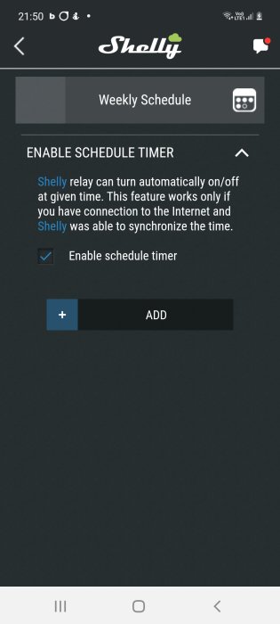Skärmdump av Shelly-appens schemaläggningsfunktion med alternativet att aktivera tidsschemat markerat.