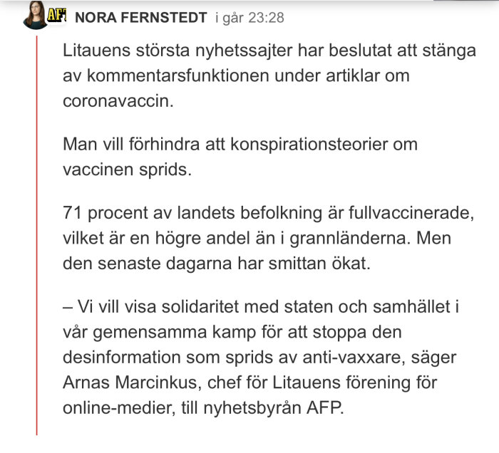 Skärmdump av nyhetsartikel om Litauens beslut att stänga kommentarsfunktionen för vaccinartiklar.