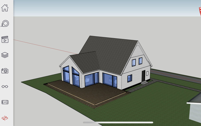 3D-rendering av ett vitt enfamiljshus med sadeltak och veranda i en digital miljö.