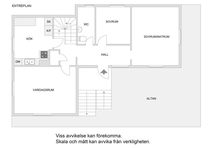 Planritning av enplanshus med kök, vardagsrum, sovrum och altan, samt notis om möjliga avvikelser.