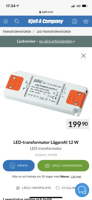LED-transformator från Goobay, 12 W, slim, vit med teknisk specifikation på etikett, visas på en webbsida.