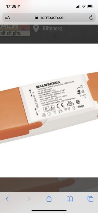 Malmbergs LED-driver med teknisk information på etiketten.