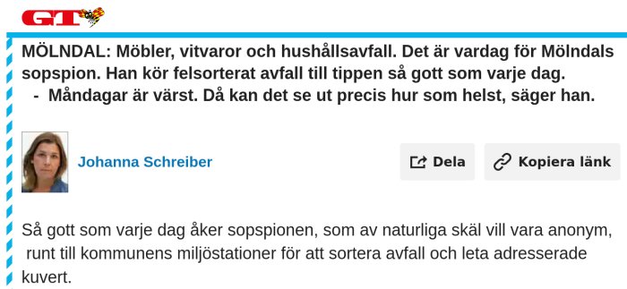 Skärmdump av en artikel om sopsortering med text och en bild på en kvinna, Johanna Schreiber.