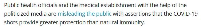 Textutdrag från en artikel som ifrågasätter COVID-19-vaccinets effektivitet jämfört med naturlig immunitet.