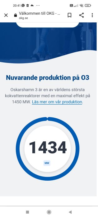 Skärmavbild av OKG webbsida som visar nuvarande produktion på 1434 MW för Oskarshamn 3.