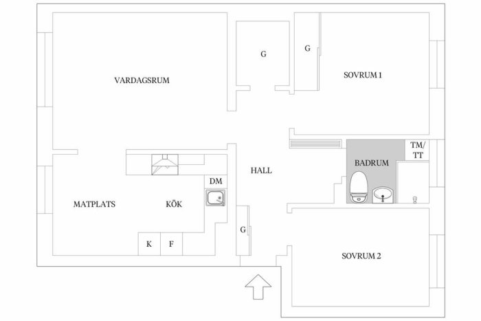 Planritning av en lägenhet med tydligt markerade rum som vardagsrum, kök, hall och badrum.