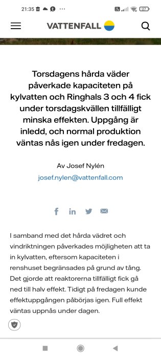 Skärmdump av en nyhetsartikel på Vattenfall om påverkan av hårt väder på kylvattenskapaciteten vid Ringhals.