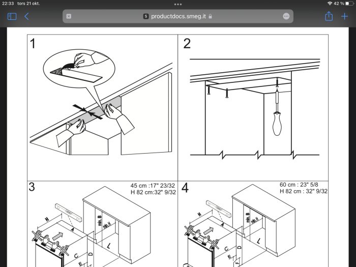 Illustration av bruksanvisning för montering av köksutrustning i fyra steg.