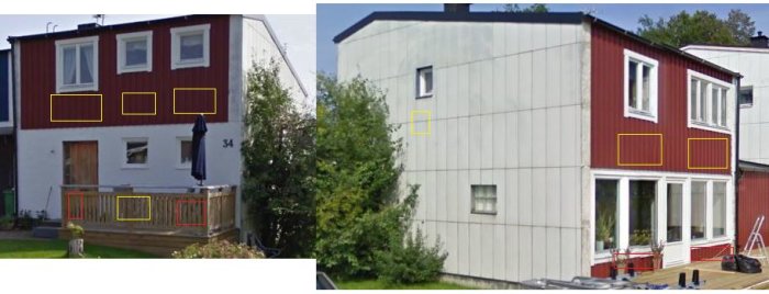 Två bilder av ett hus med markerade positioner för befintliga (gula) och borttagna (röda) element från 2006.