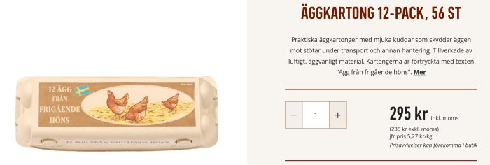 Äggkartong förpackning för 12 ägg med texten "12 ÄGG FRÅN FRIGÅENDE HÖNS" och priset 295 kr.