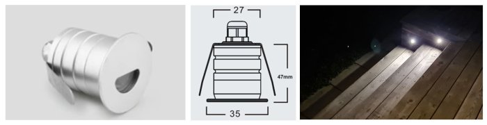 12V 1W LED-armatur för inbyggnad i altantrappsteg, teknisk ritning och nattbild av upplysta steg.