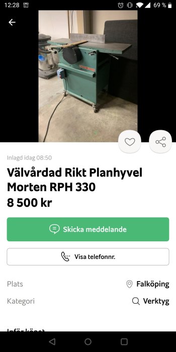 Grön Morten RPH 330 rikthyvel i en verkstadsinställning till salu för 8 500 kr.