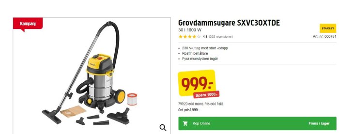 “Grovdammsugare från Stanley med tillbehör och priset 999 kr under en kampanj.”