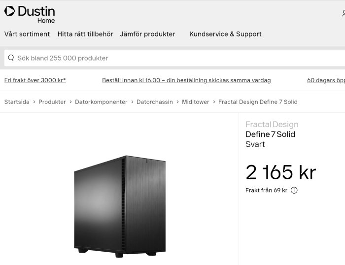 Svart datorchassi, Fractal Design Define 7 Solid, visas på en e-handelsproduktssida med prisinformation.