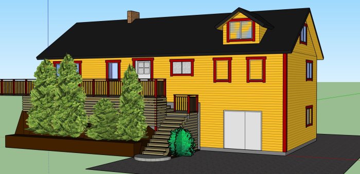 3D-skiss av ett gult tvåvåningshus med takkupa och terrass omgivet av grönska.