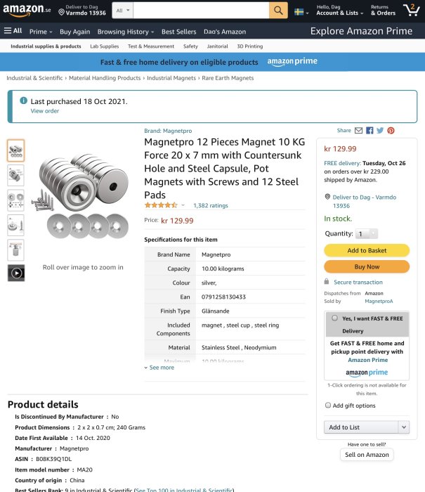 Rund och rektangulär neodymmagneter visade på Amazons webbplats, används för projektbeskrivning.