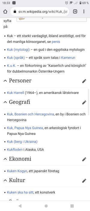 Skärmdump från Wikipedia som visar olika betydelser av ordet "Kuk", bland annat geografiska platser och personnamn.