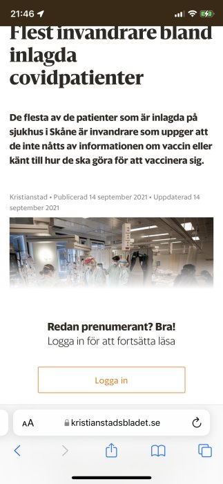 Mobilskärm med artikel om covidpatienter och betalvägg på tidningens webbsida.