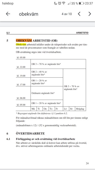 Skärmdump av dokument om obekväm arbetstid med information om OB-tillägg och övertidsersättning.