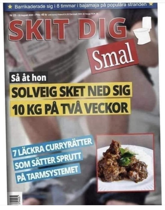 En person som läser en tidning med rubriker om viktnedgång och curryrätter, inklusive en bild på maträtten.