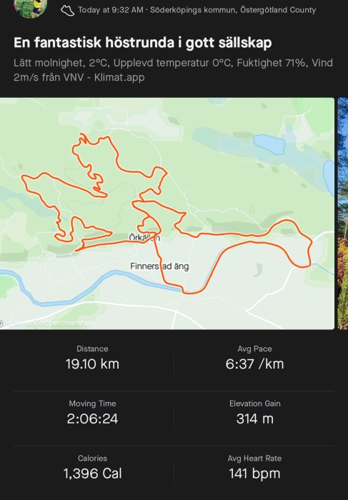 Skärmavbild från en karta som visar en registrerad motionsrunda på 19,1 km med statistik för tid och kaloriförbrukning.